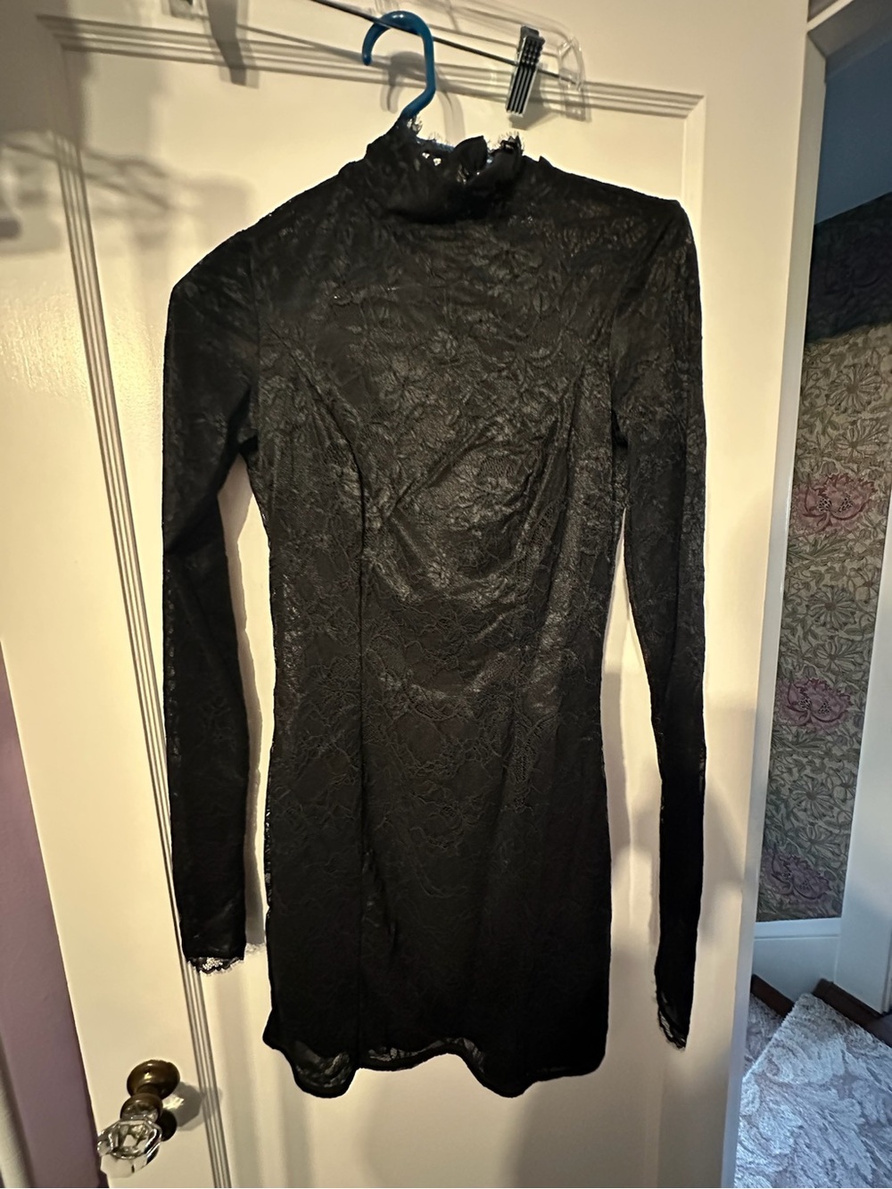 SKIMS Black Long-Sleeve Lace Mock Neck Dress